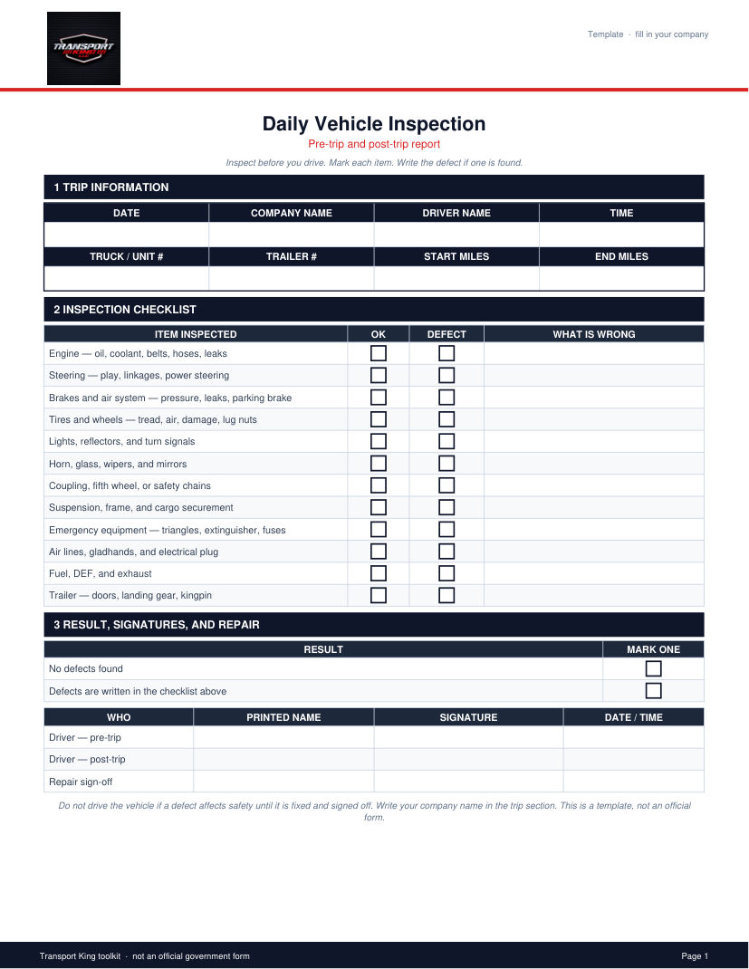 Daily vehicle inspection form