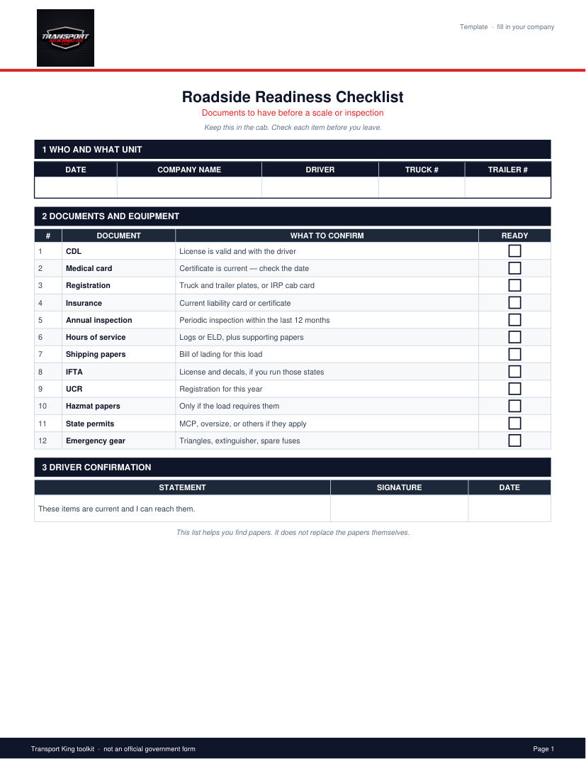 Roadside readiness checklist